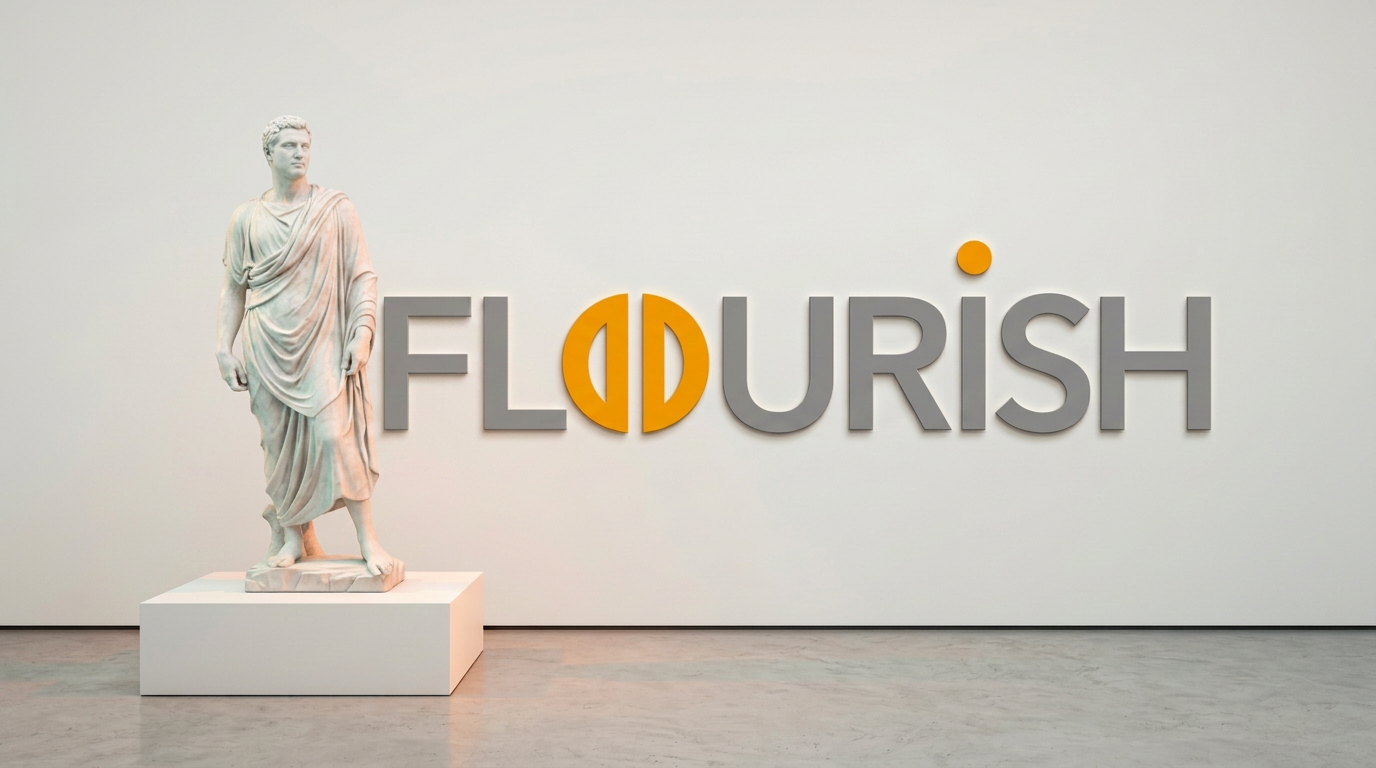 Weiße Marmorskulptur in einer hellen Galerie neben der FLOURISH Wortmarke